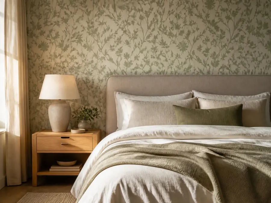 Schlafzimmer mit botanischer Mustertapete hinter dem Bett