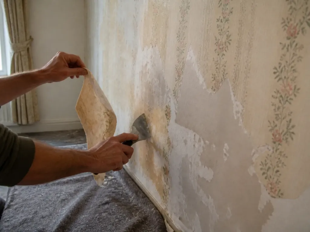 Alte Mustertapete wird mit einem Spachtel von der Wand entfernt
